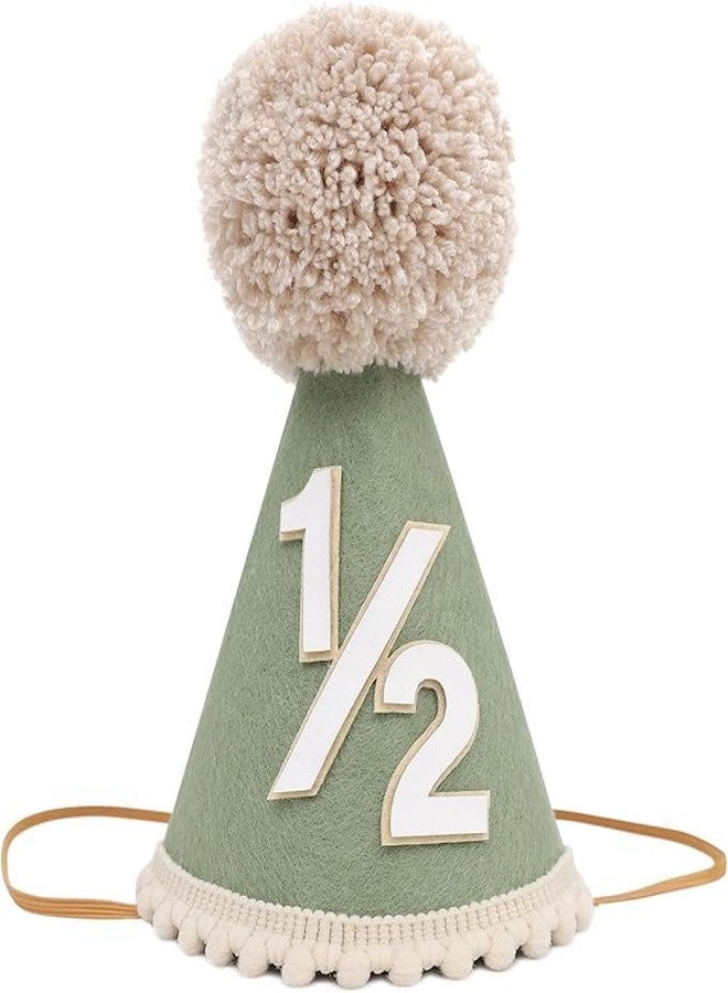 Finduat Baby 1/2 Birthday Hat, Half Birthday Party Hat, 6 Months Celebration Cone Hat with Pom Pom, Sage Green for Girls/Boys - Image 1